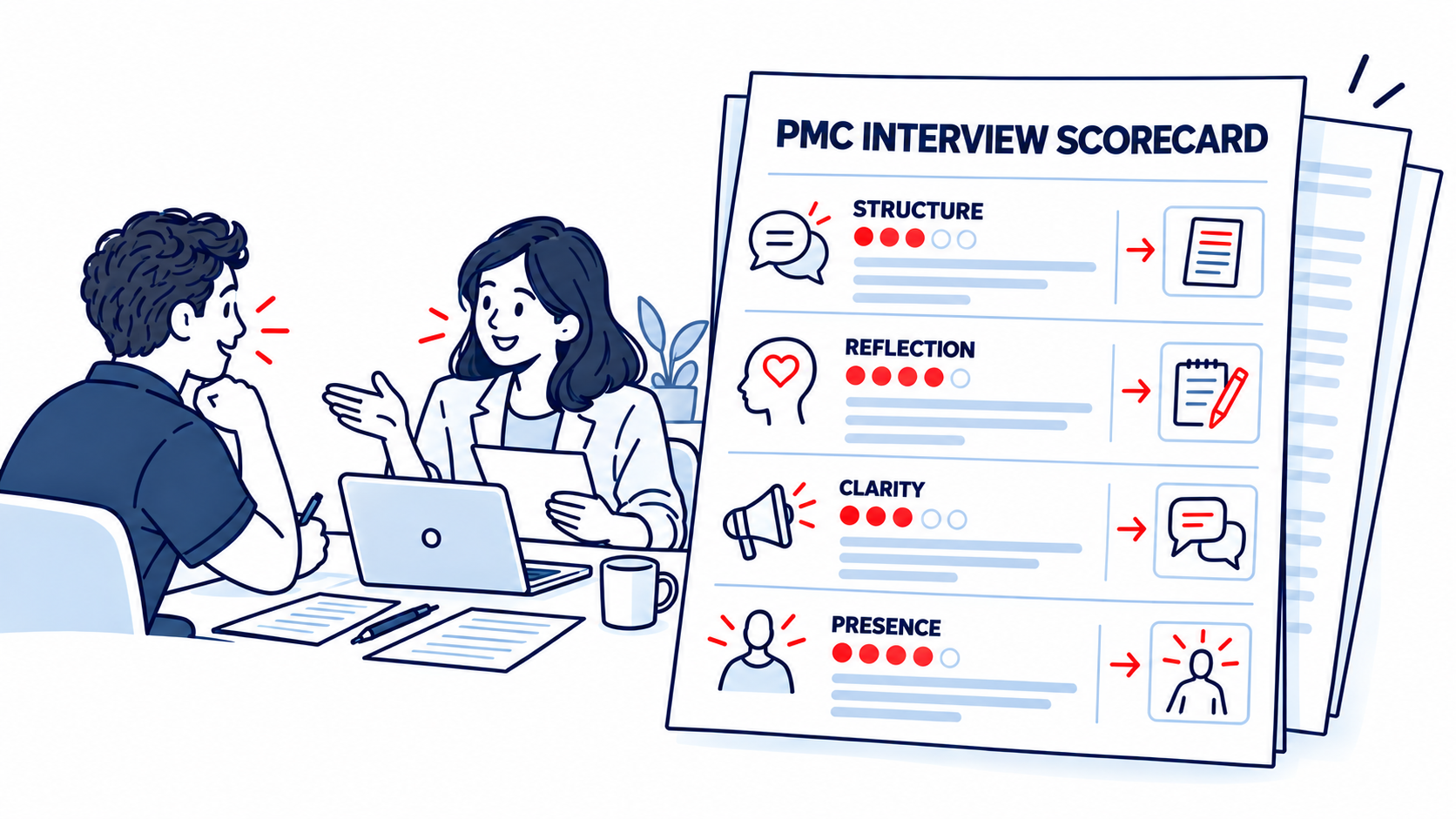 Medical School Mock Interview | Pre-Med Community Illustrated PMC Interview Scorecard with structure, reflection, clarity, and presence feedback