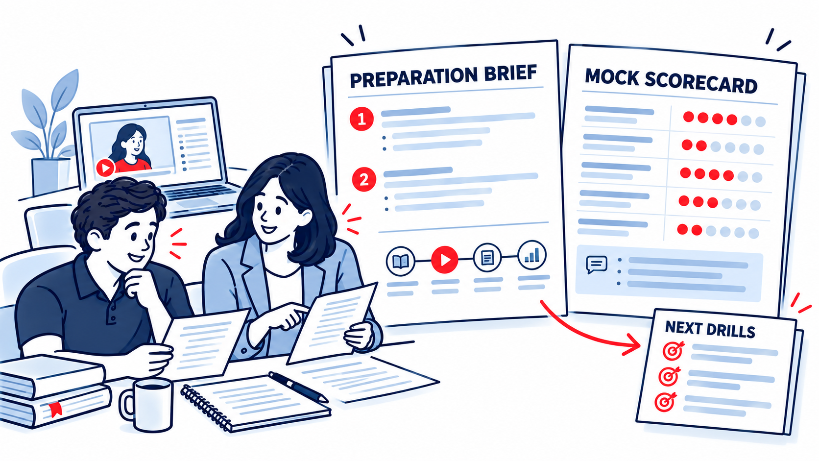 Illustrated interview preparation brief, mock scorecard, and next practice drills