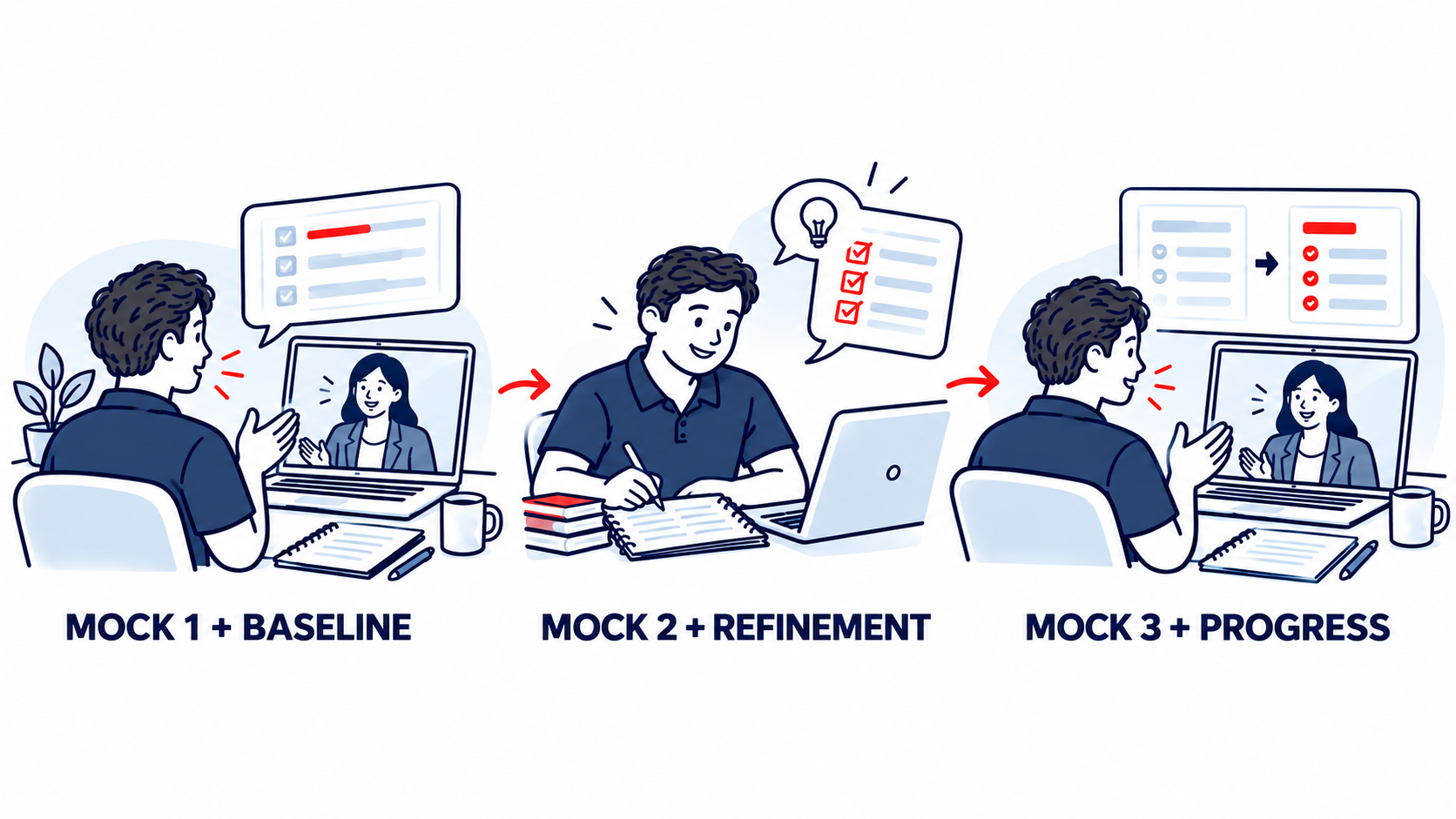 Three steps: Mock 1 establishes a baseline, Mock 2 refines the approach, Mock 3 checks progress