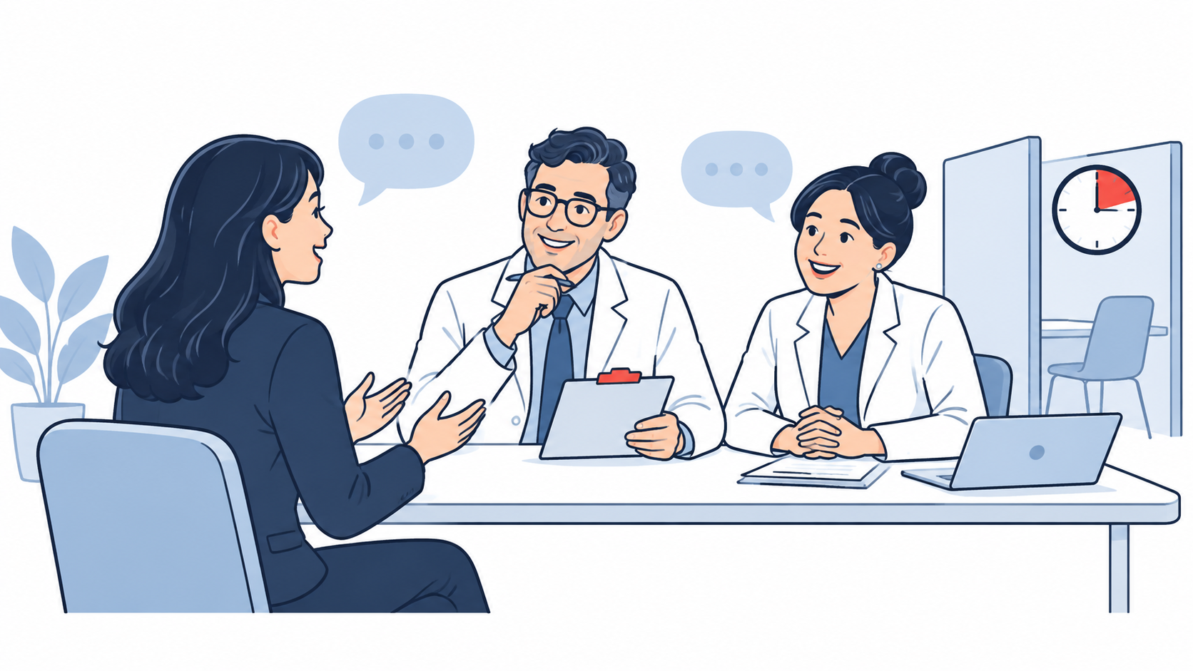 Pre-med applicant answering medical school interview questions in front of two interviewers