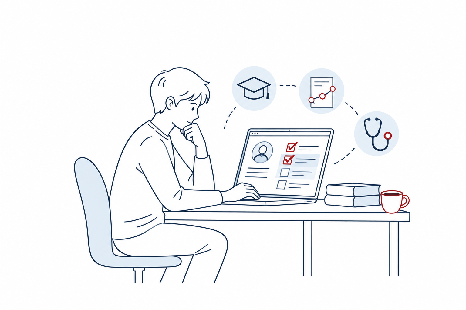 Courses | Pre-Med Community Premed applicant reviewing strengths and gaps in an application