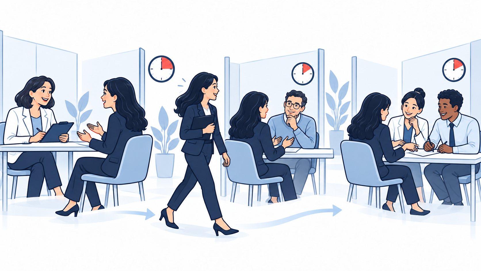 MMI Interview complete guide | Pre-Med Community Illustrated medical school applicant moving between three timed MMI interview stations
