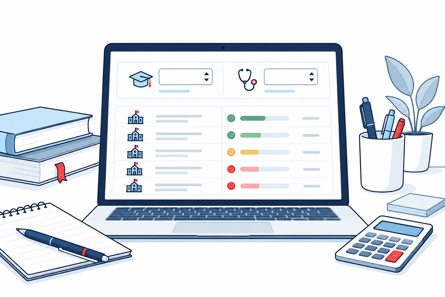 Illustration of a med school planning calculator and school list