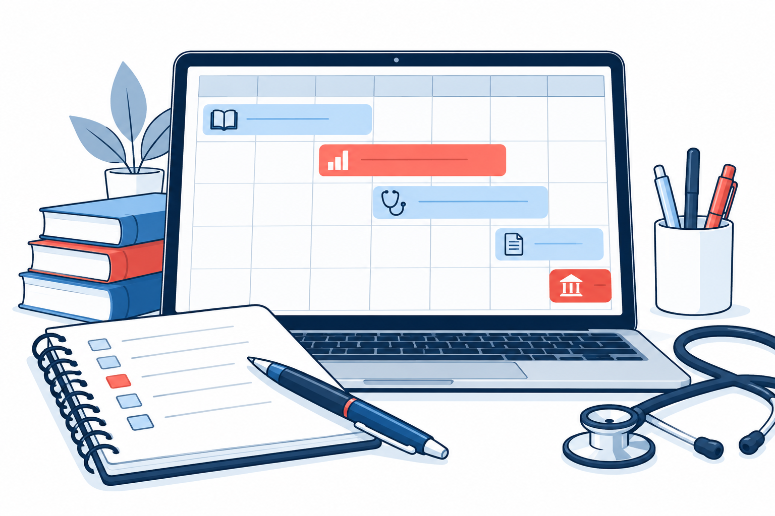 Illustration of a premed planning calendar and notebook